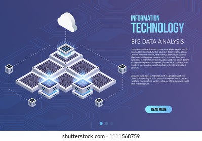 Concept of big data processing, Isometric data center, vector information processing and storage. Creative illustration with abstract geometric elements.