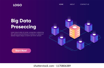 Concept of big data processing in isometric style, cloud data storage, 3d hosting center, maining center. High technology concept. EPS 10