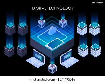 Concept of big data processing, Isometric data center, vector information processing and storage. Creative illustration with abstract geometric elements.
