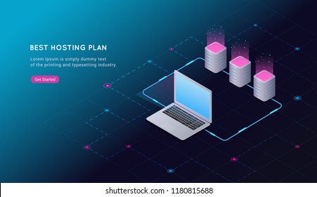 Concept of big data processing, web hosting and server room, computer. Internet network communication. Big Data Synchronization and storage of data. 3d flat design. Isometric vector illustration.