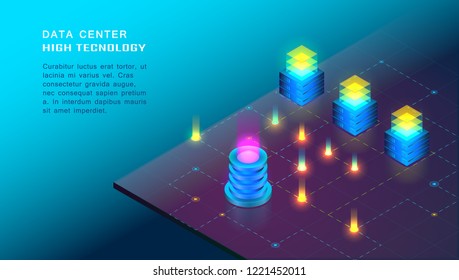 Concept of big data processing, web hosting and server room, computer. Internet network communication. Big Data Synchronization and storage of data. 3d flat design. Isometric vector illustration.