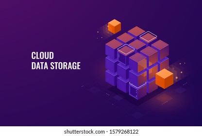 Concept Of Big Data Storage And Processing, Isometric Cloud Data, Cube Form, Digital Technology, Server Room Rack, Datacenter, Dark Neon Vector Illustration