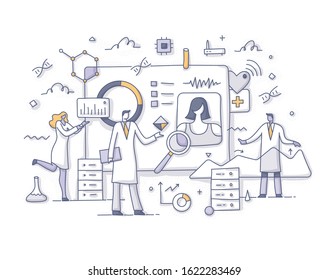 Concept Of Big Data Technology In Healthcare. Preventive Medicine And Automation Of Health Professional's Work. Personalized Prescriptive Analytics. Doodle Vector Illustration