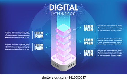 Concept of big data technology processing with 5 options or steps infographics server room and database.Social media icons with character design, blockchain isometric.