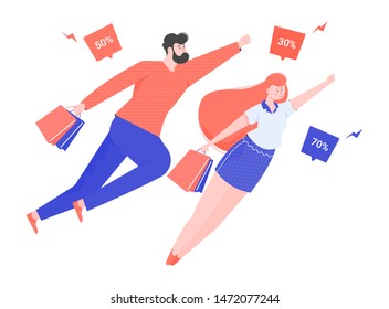 Concept of big discount, customer, people with shop bags flying like super hero, urgent sale character flat cartoon vector