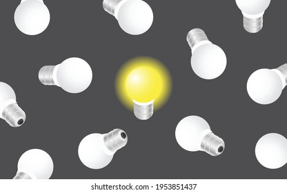 The concept of big idea, creativity and inspiration. Luminous light bulb on a dark background with other off bulbs. Vector illustration.