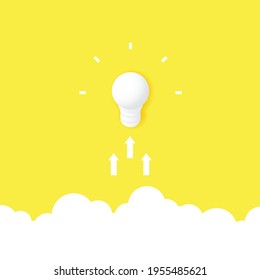 The concept of a big idea and creativity. White light bulb flying above the clouds on a yellow background. Vector illustration.