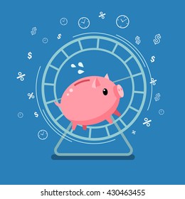 Concept of big money. Piggy bank running in a hamster wheel. Flat design, vector illustration.