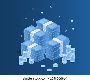 Concept of big money. Big pile of cash. Hundreds of dollars. Vector isometric illustration in blue coclor.