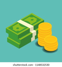 Concept of big money. Big pile of cash. Hundreds of dollars. Vector isometric illustration.