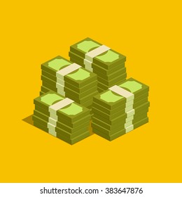 Concept of big money. Big pile of cash. Hundreds of dollars. Vector isometric illustration.