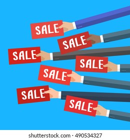 Concept of Big Sale. Businessman holding red sign boards with the word Sale. A lot of hands hold placards. Flat design, vector illustration.