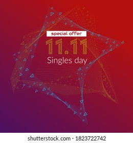 Concept of the big sale, Chinese Singles Day, November 11th. Vector banner. Minimalism, date and text on an abstract red-purple background with green and blue triangles.