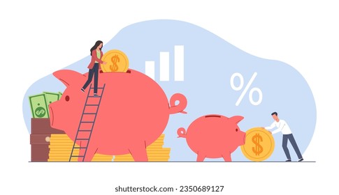 Concept of big and small money savings, huge and little money piggy bank. Family investment strategy, people put income and cash on deposit, various percentage. Vector cartoon flat illustration