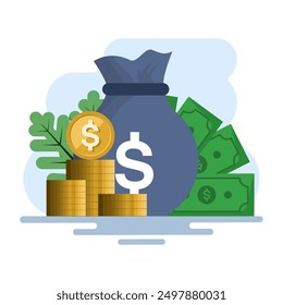 Concept of big stack or heap of gold coins and cash in sack, money vector, lots of money isolated, wealth idea, wealth or successful investment, treasure or rich gift, income or income savings.