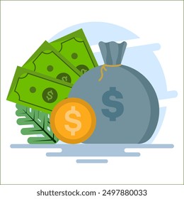 Concept of big stack or heap of gold coins and cash in sack, money vector, lots of money isolated, wealth idea, wealth or successful investment, treasure or rich gift, income or income savings.