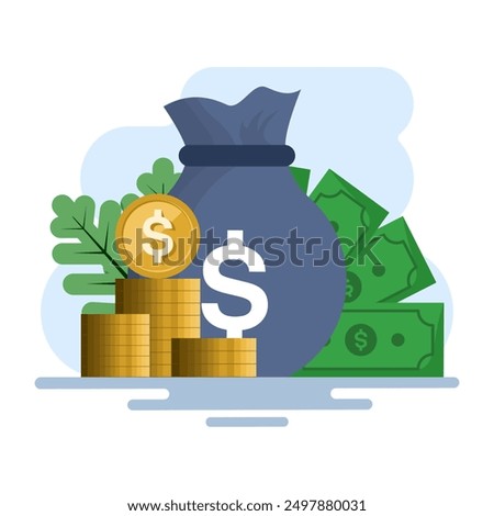 Concept of big stack or heap of gold coins and cash in sack, money vector, lots of money isolated, wealth idea, wealth or successful investment, treasure or rich gift, income or income savings.