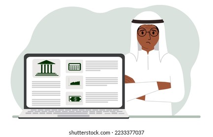 Concept of bill payment, money deposit, bank account management from laptop or computer site. Arabic man with laptop and bank website. Vector flat illustration