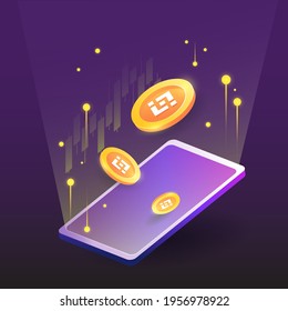 concept of binance, exchange platform crypto, token with phone vector on dark background