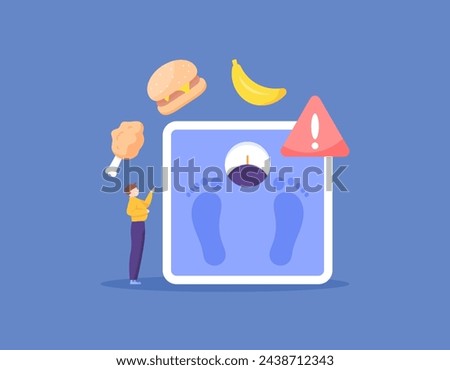 The concept of Binge eating disorder. eating disorders or eating-related behaviors. overeating. weight problems due to continued eating. weight gain. Fat men with scales and food. Design Concept