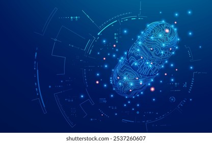 concept of bioengineering or healthcare technology, graphic of 3D pill combined with electronic pattern