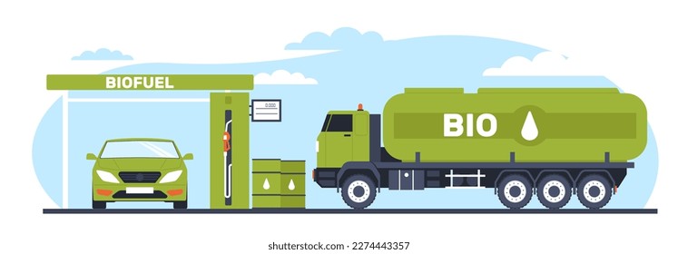 Concepto de biocombustible como fuente de energía renovable, biocombustible, biocombustible. Gasóleo verde alternativo, gasolinera y gasolinera, cuidado ambiental. Caricatura de vectores de petróleo ecológico concepto plano