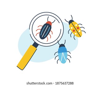 Concept of biology, entomology and coleopterology. Composition of insects and magnifying glass. Magnifier and species of bugs or beetles. Flat vector cartoon illustration isolated on white background