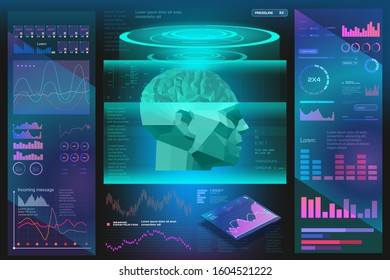 Concept biometric scanning of face and identification person. Brain scanning accurate, facial recognition biometric technology wich graphic touch user interface