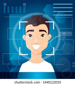 Concept of biometric scanning man s face, digital recognition, id scanning, futuristic digital background. Scan face, verification on screen. Vector illustration.