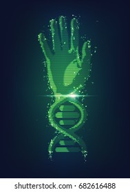 concept of biometric technology; hand combined with dna symbol; digital blueprint of body part of human