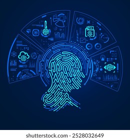 Concepto de biometría o forense digital, gráfico de la forma de la cabeza del hombre combinado con el patrón de huellas dactilares y la interfaz futurista