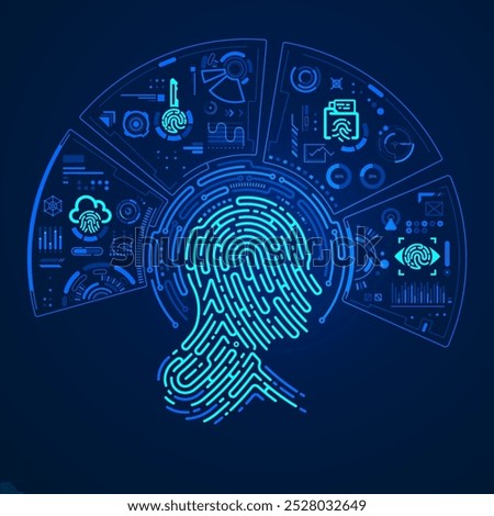 concept of biometrics or digital forensics, graphic of man head shape combined with fingerprint pattern and futuristic interface