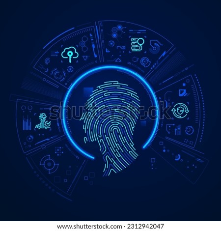 concept of biometrics or digital forensics technology, graphic of fingerprint combined with man head and futuristic element