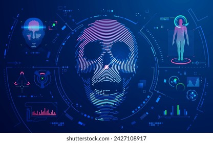 concept of biometrics or face recognition, graphic of human skull with futuristic interface