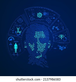 concept of biometrics or face recognition technology, graphic of fingerprint combined with man face and futuristic element