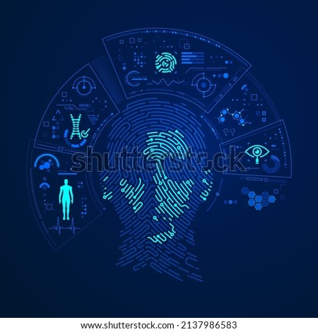 concept of biometrics or face recognition technology, graphic of fingerprint combined with man face and futuristic element