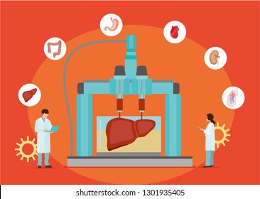 Concept of bioprinting of tissues and organs on red background. Colorful vector illustration in flat style.