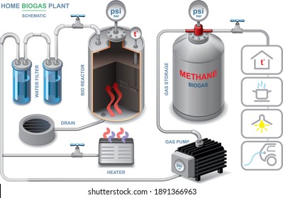 Concept bioreactor for methane production at home, biogas reactor cutaway illustration. Vector