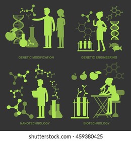 Concept for Biotechnology, genetic engineering, nanotechnology. Men and woman scientis, laboratory technician looking through a microscope.