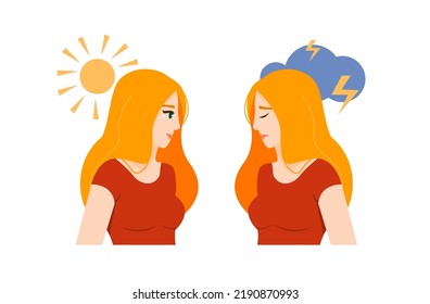 Concept of Bipolar disorder. Happy woman with and her ghostly sad twin. Girl suffering from bipolar disorder, psychological diseases, schizophrenia.