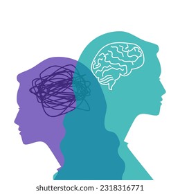 El concepto de trastorno mental bipolar. Personalidad dividida. Trastorno de la sangre. Dos caras femeninas similares. Psicología. salud mental. Capas enredadas y salud mental. Vector moderno aislado en blanco