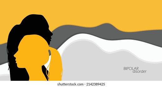 Concept Of Bipolar Mood Swing, Extreme Rapid Emotion Level Change, Depression, Struggles Around Self Esteem. Illustration Of Child Woman With Bipolar Disorder Two Head Silhouette, Dual Personality