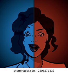 concept of bipolarity, mental health and mood swings. Vector illustration in pop art style.