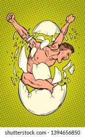 Concept the birth of men, revolution and protest, spiritual rebirth. Man breaks egg shells. Pop art retro vector illustration kitsch vintage