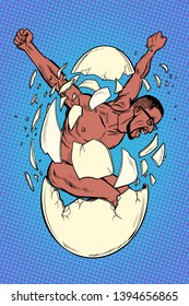 Concept the birth of men, revolution and protest, spiritual rebirth. Man breaks egg shells. Pop art retro vector illustration kitsch vintage