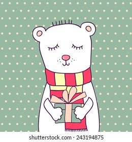 Concept birthday card with cute funny bear and box on polka-dot background. Bright card with animal in vector. 