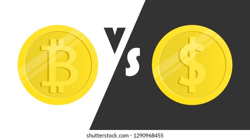The concept of Bitcoin against Dollar. Cryptocurrency against real money.