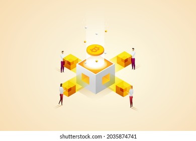 Concept of Bitcoin blockchain technology. group people digital for Cryptocurrency Market finance and trade,  landing page template. isometric vector illustration.