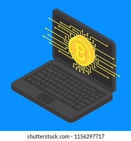 Concept bitcoin cryptocurrency coin on screen modern laptop isometric