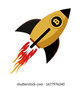 The Concept Of Bitcoin Cryptocurrency. Rockets Fly With The Bitcoin Icon. Crypto Market Goes Up. New Investment. Vector Illustration.